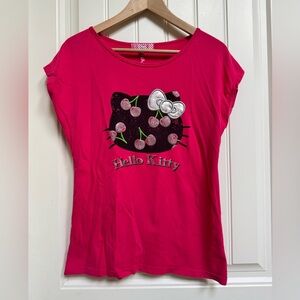 Hello Kitty Slim Pink Glitter Short Sleeve T Shirt with Embroidered Bow Detail M